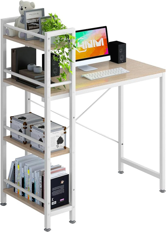 4NM 35.4" Small Computer Desk with 4-Tier Bookshelf and 8 Hooks, Home Office Desk Writing Workstation Study Table for Small Space Work - Natural and White by 4NM