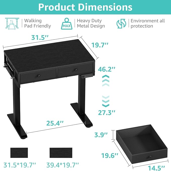 KLUVIS Black Sit Stand Desk with Drawers, 32 Inch Electric Standing Desk with Storage, Small Space Stand Up Computer Desks for Home Office Bedroom, Study Writing Desks for Walking Pad - Image 3