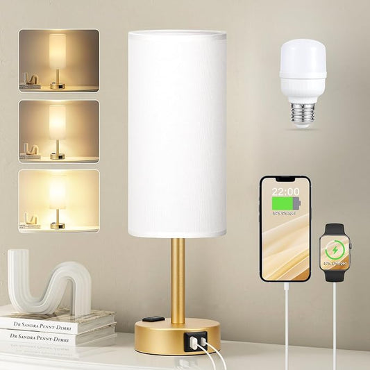 Fenmzee Gold Touch Lamp for Bedroom- 3 Way Dimmable Bedside Lamp USB C A Charging Ports and AC Outlet, Small Table Lamp White Linen Lampshade for Gift, LED Bulb Included by Fenmzeelighting