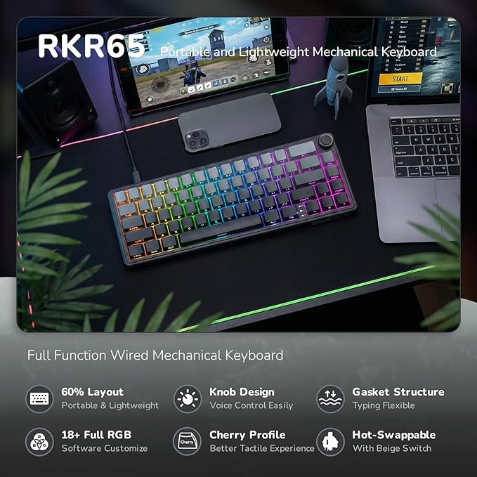 RK ROYAL KLUDGE R65 Wired Gaming Keyboard with Volume Knob, 60% Percent RGB Backlit Mechanical Keyboard, Side Printed PBT Keycaps, QMK/VIA, 66 Keys Hot Swappable Beige Switch, Gradient Black - Image 2