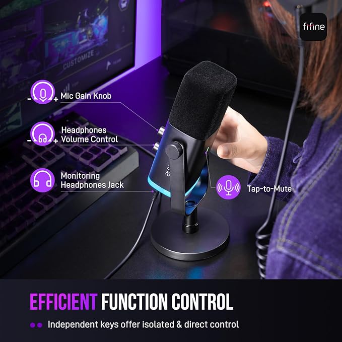 FIFINE AmpliGame AM8 USB/XLR Dynamic Microphone for Gaming Streaming | Podcast Mic with RGB Light, Mute Button, Headphones Jack, Desktop Stand, for Vocal Recording Singing YouTube - Image 8