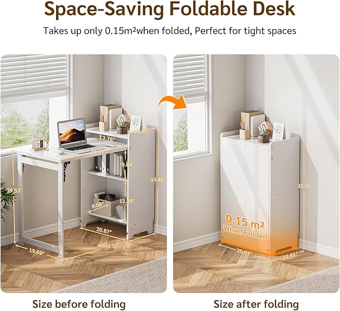 Bamboo Folding Desk with Storage, Foldable Desk for Small Spaces, White | Space-Saving Computer Desk with Storage, Compact Size, Writing Study Table for Home Office, Bedroom, Dorm, Apartment - Image 3