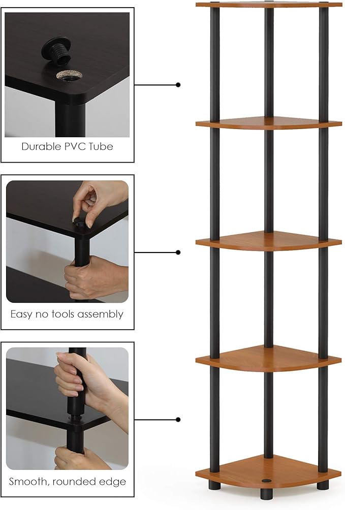 Furinno TURN-N-TUBE Corner Shelf, 5-Tier Corner Bookshelf, Open Storage Shelves, for Organization and Storage, Living Room, Home Office, Garage, Bedroom, Light Cherry - Image 5