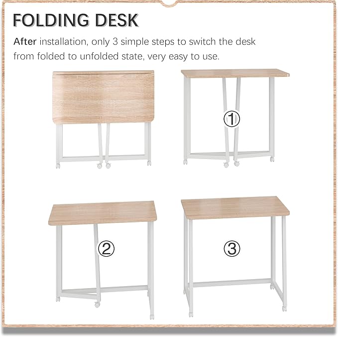 4NM 23.6" Mobile Small Folding Desk, Foldable Rolling Computer Home Office Desk, Study Writing Table for Small Space Saving Bedroom, with Wheels - Natural and White - Image 6