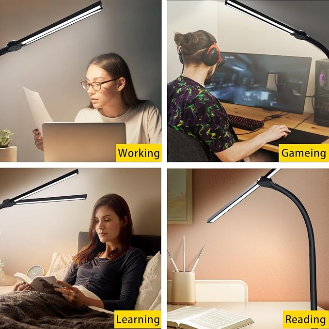 Double Head LED Desk Lamp for Office - Eye Caring Lamp with Clamp | Flexible Adjustable Lighting Gooseneck Desk Light, 4 Color Modes & 5 Brightness Levels for Monitor Workbench Study - Image 7