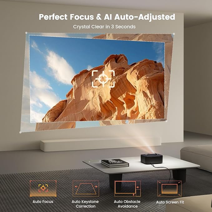 Outdoor-Projector-4K with WiFi and Bluetooth: [3000 Brightness/50W DoIby/Built-in APPs] Portable-Projector Smart OS 2.0&AI Auto Focus, ONOAYO Movie Proyector Compatible with Netflix/YouTube/PrimeVideo - Image 6