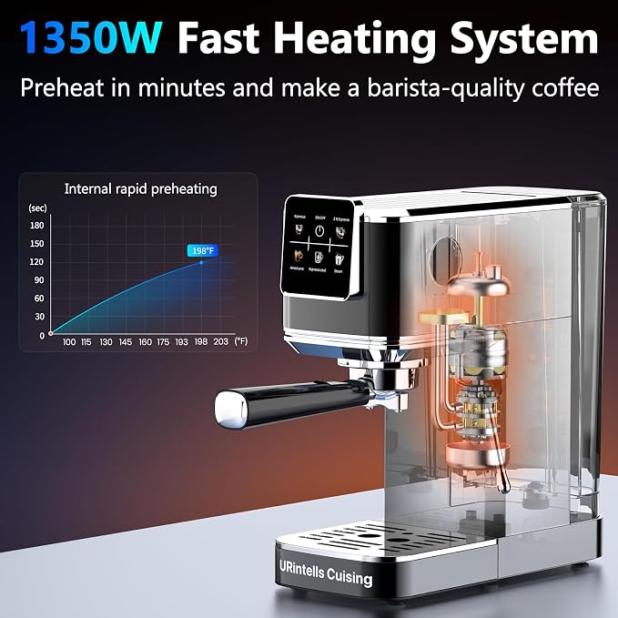 URintells Cuising Espresso Machine with Touchscreen And Cold Brew | 20Bar Pump,Stainless Steel Espresso Maker with Powerful Steam Milk Frother for Cappuccino Latte,Iced Americano - Image 5