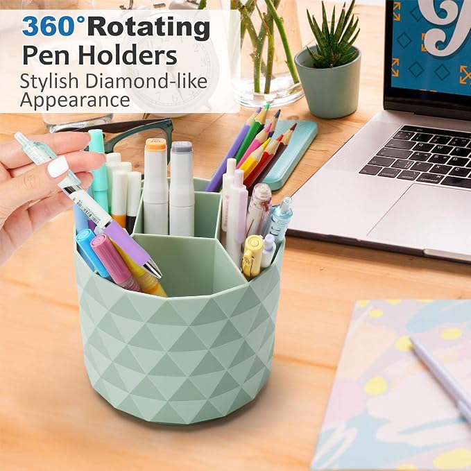 Desk Organizer, 360-Degree Rotating Pencil Pen Holders For Desk, Diamond Pattern Pen Organizer With 5 Compartments, Cute Desk Accessories Decor For Office, School,Home,Art Supply (Green) - Image 2