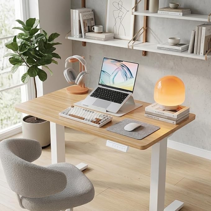 HUANUO 32" Small Electric Standing Desk Adjustable Height, 4 Memory Height Settings, Sit Stand Up Desk for Home Office & Computer Workstation, LightWalnut - Image 2