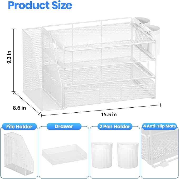 OPNICE Desk Organizer, 4-Tier Desktop File Organizer with Drawer and Pen Holders, Office Desk Accessories, File Sorters, Workspace Organizers for Office Supplies(White) - Image 2
