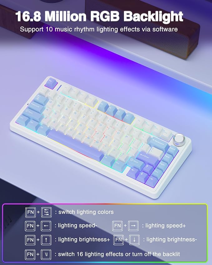 AULA F75 75% Wireless Mechanical Keyboard, Hot Swappable Creamy Keyboard, Pre-lubed Star Vector Switches RGB Backlit Gaming Keyboards, 2.4GHz/Type-C/BT5.0(White&Blue&Purple) - Image 6