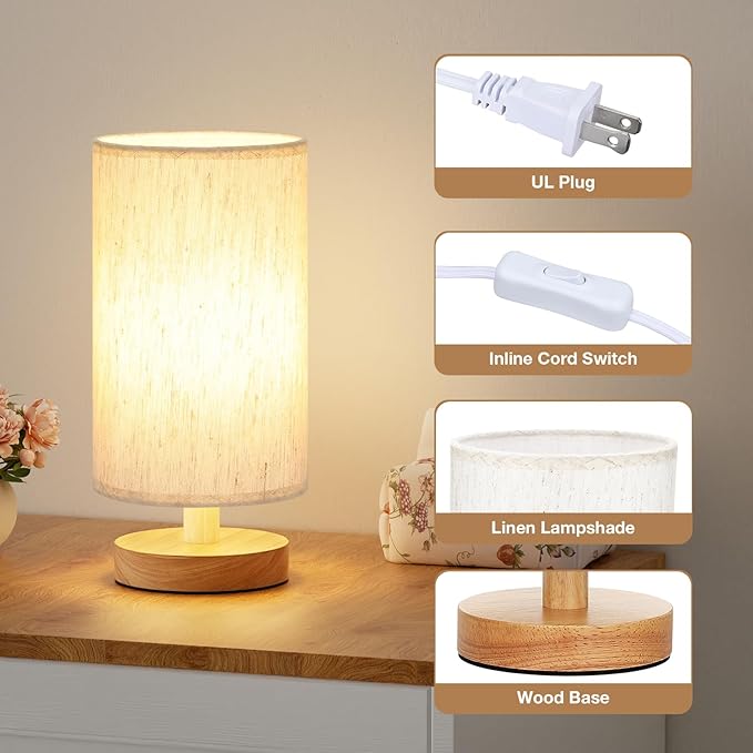 Fenmzee 9" Small Table Lamp for Bedroom - Inline Control with 3000K Blub | Cream Shade and Wood Base | 680 Lumens | Easy Assembly | Minimalist Design | E26 | for Kitchen | for Kids Room - Image 2