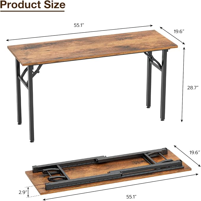 TEMI Long Computer Desk Folding Table - 55.1 Foldable Office Desk, No Assembly, Perfect Writing Table for Bedroom, Dorm, or Apartment, Portable Large Desk or Study Table with Compact Design, Brown - Image 3