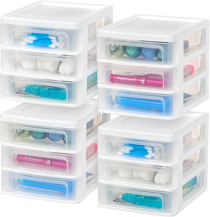IRIS USA 4-Pack 3-Drawer Small Desktop Organizer, Stackable, White | Organize office supplies, stationery, makeup, craft materials and everyday essentials for neat desktop storage by IRISUSA