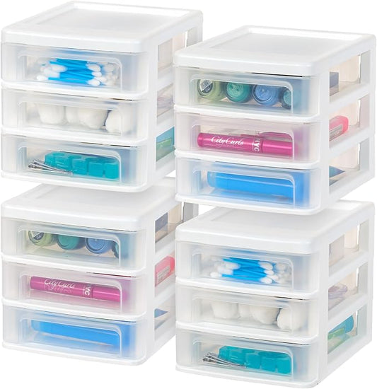 IRIS USA 4-Pack 3-Drawer Small Desktop Organizer, Stackable, White | Organize office supplies, stationery, makeup, craft materials and everyday essentials for neat desktop storage by IRISUSA