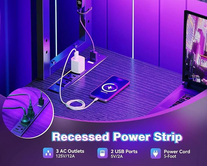 AODK L Shaped Desk Gaming Desk with LED Light & Power Outlet | 61 Inch Black Reversible L Shaped Computer Table with Shelf & Storage Bag & Hook for Home Office - Image 5