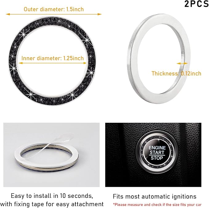 Kewucn 2 PCS Bling Crystal Double Rhinestone Car Engine Start Decoration Ring, Sparkling Push Start Button Sticker, Key Ignition & Knob Ring Decoration, Bling Car Interior Accessory(Black) - Image 2