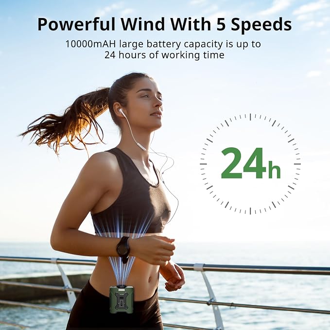 LOUISWARE Portable Waist Fan 10000mAh Belt Fan 18000RPM Clip Fan With Max 24H Working Time 5 Speeds adjustment with LED flashlight & Charging display Cooling for Outdoor Camping Travel - Image 3