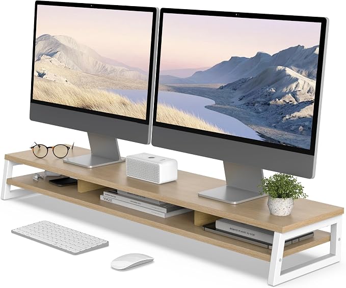 Fenge Dual Monitor Stand for Desk, 42.5in Large Monitor Riser for 2 Monitors, 2 Tier Computer Office Desk Top Shelf, Desktop Storage Stand for Laptop, PC, Computer, Printer by Fenge