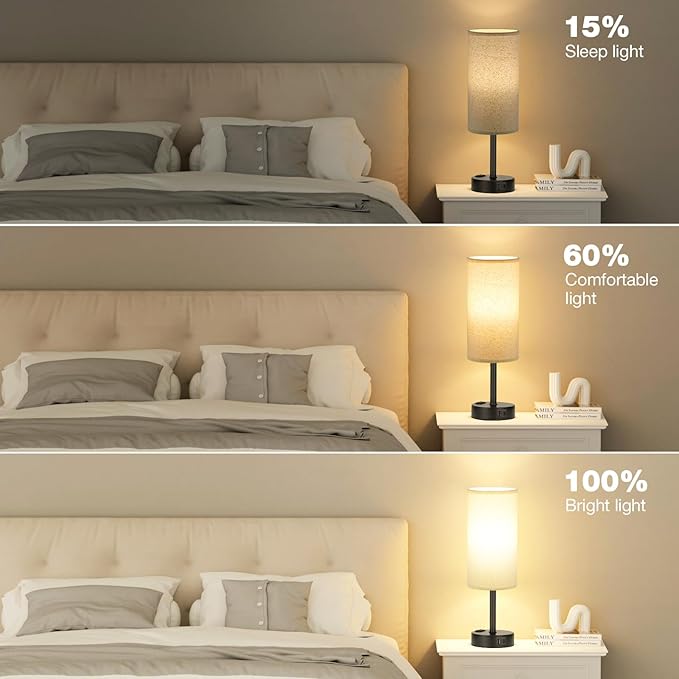 Fenmzee Beige Touch Table Lamp for Bedroom - 3 Way Dimmable Bedside Lamp USB C Charging Ports and AC Outlet, Small Lamp with Fabric Shade Black Base for Living Room, Office Desk, LED Bulb Included - Image 4
