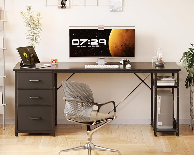 AODK 63 Inch Computer Desk with Drawers & USB Power Outlets | Reversible Home Office Desk with Storage Shelves, Work from Home, Modern Work/Writing/Study Table for Bedroom, Black - Image 2