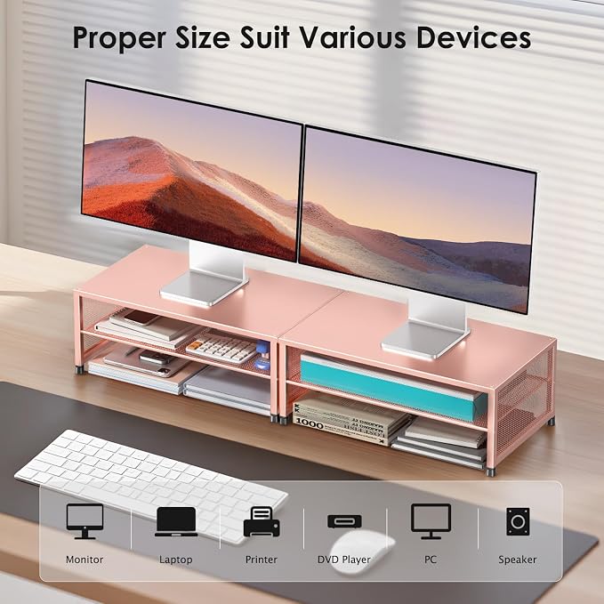 ECOLOVI 2-Tier Computer Monitor Stand Riser, Desk Organizer for Monitor, Printer & Laptop Stand, Desktop Workspace Organizers for Office Supplies(Rose Gold) - Image 4