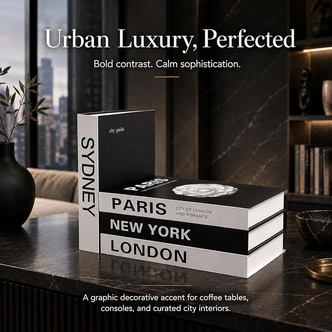 PROBENEX 4 Pcs Decorative Books | Faux Travel Coffee Table & Shelf Decor | Worldly Eclectic Look for Living Room, Office and Entryway - Not Real, Tool-Free 2-Min Setup - Image 8