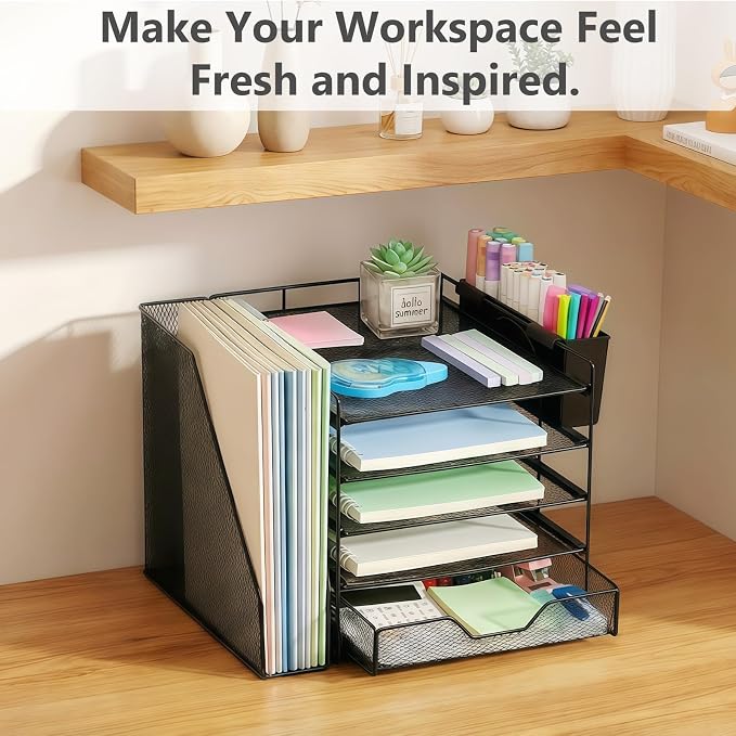 Desk Organizers and Accessories, 5-Tier Paper Letter Tray Organizer with File Holder, Drawer & Pen Holder, Office Desk Accessories, Desktop Organizer for Classroom Office Supplies, Black - Image 7