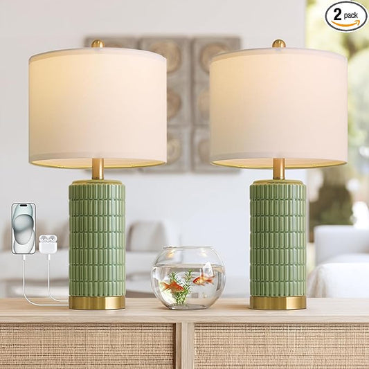 PoKat Bedside Table Lamps Set of 2 for Living Room with 2 USB Ports, 21.5'' Small Modern Nightstand Lamps for Bedroom, Ceramic Side Table Lamps with Gold Base for Office Entryway Decor Gift (Green) by Pokat