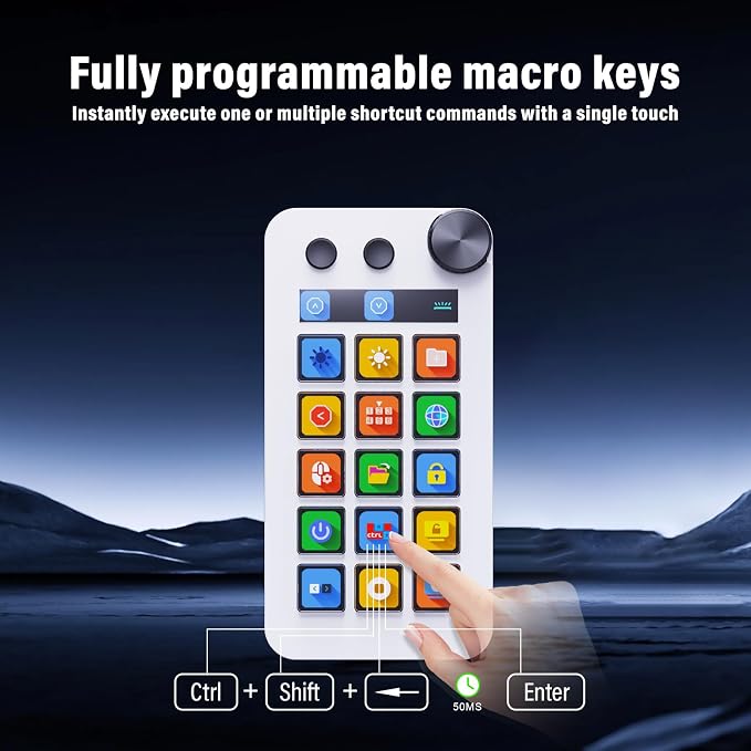 Streaming Deck,Macro pad/Calculator/Numeric Keypad Three Modes | 15 Customizable Macro Keys and LCD Bar,Large Dial,Work Efficiency Device,Compatible with Windows and Mac(N1 White) - Image 7