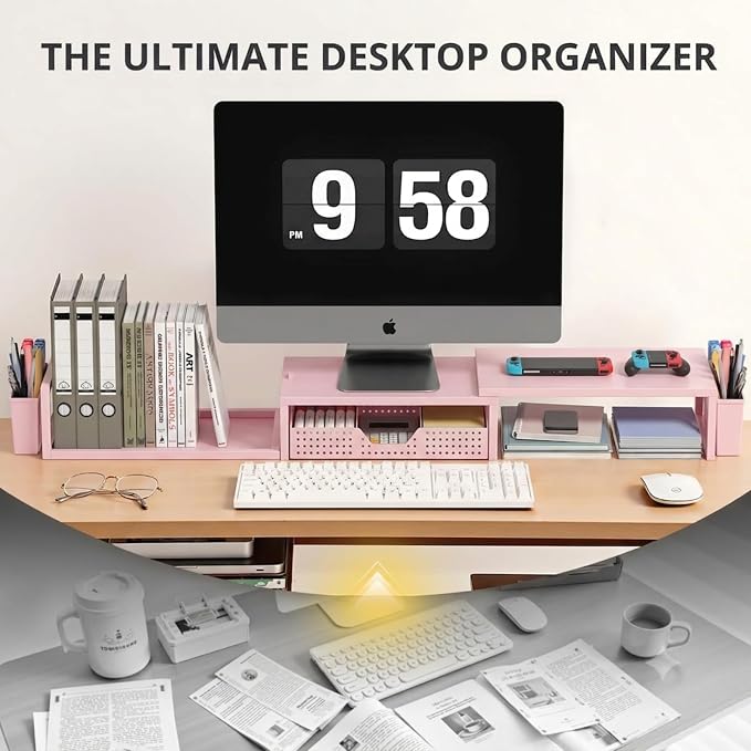 OPNICE Desk Organizers and Accessories, Dual Monitor Stand Riser with Drawer and 2 Pen Holders, Desk Shelf Wood Computer Racks for Office Workspace Organizers, Desktop Organization (Pink Wood) - Image 4