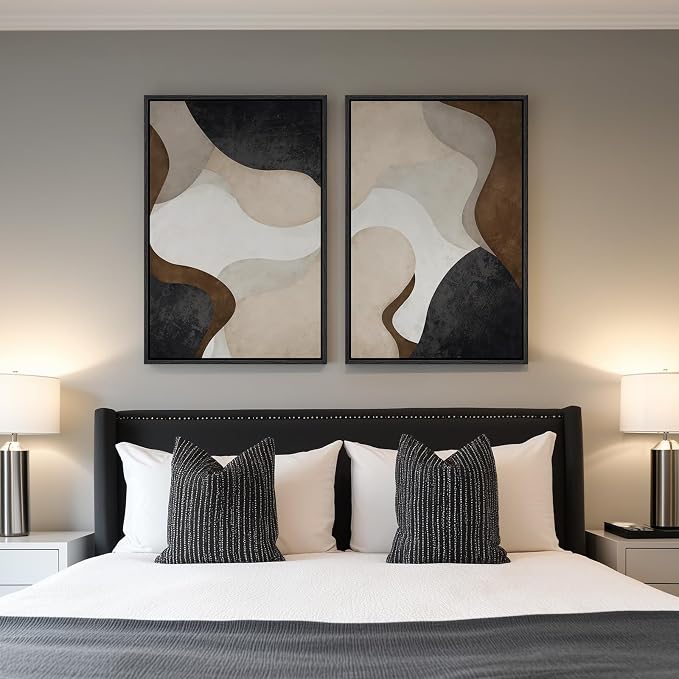 Large Framed Neutral Abstract Minimalist Wall Art Set of 2, Modern Canvas Prints Paintings Artwork for Walls, Black Beige Brown Abstract Art Pictures for Living Room Dining Bedroom Wall Decor 24x36 In - Image 2