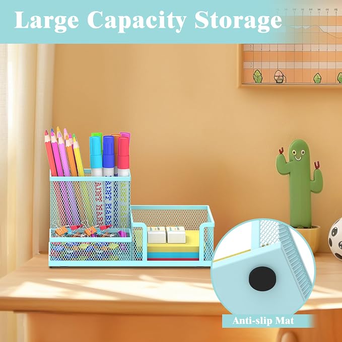 SUPEASY Mesh Pen Holder Desk Organizer, Office Supplies Pencil Storage with 3 Compartments, Office Desk Accessories and Workspace Organizers for Home School, Blue - Image 5