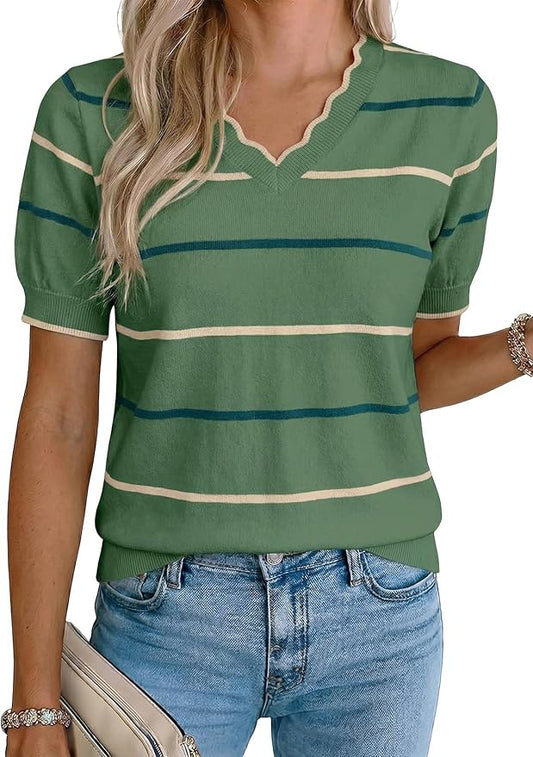 Dokotoo Womens Summer Short Sleeve Knit Tops 2026 Spring Trendy Casual V Neck Striped Sweater Blouses by Dokotoo