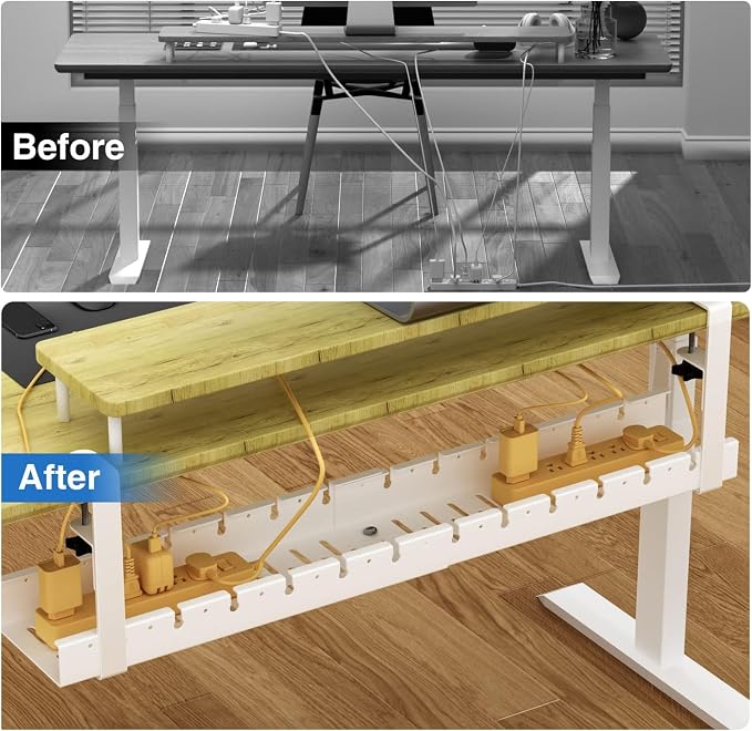 No Drilling Under Desk Cable Management, Metal Cable Management Tray Under Desk with Clamp, Retractable Power Strip Cord Holder for Wire Management 31Inch (2 Pack White) - Image 2