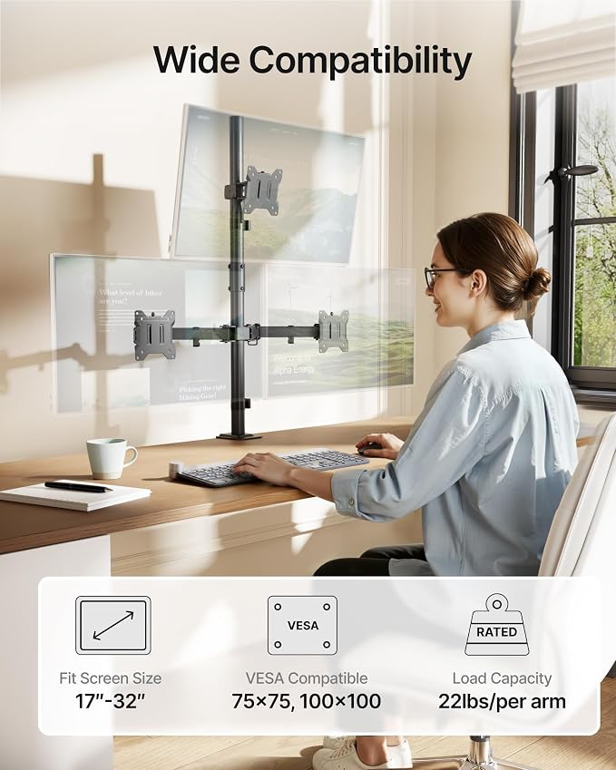monTEK Triple Monitor Stand for 17-32" Screens, 22 lbs Each | Three-screen desk mount, height adjustment, tilt, swivel, rotation, clamp/grommet bases and VESA 75/100 - Image 2