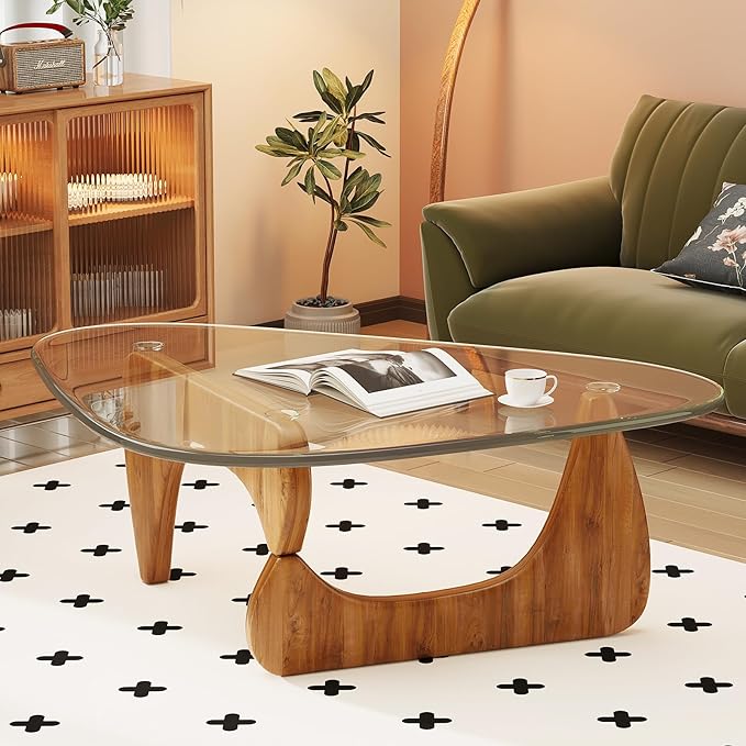 Coffee Table for Living Room Mid Century Modern Center Table with Glass Top and Wood,36 Inch, Transparent/Walnut - Image 5