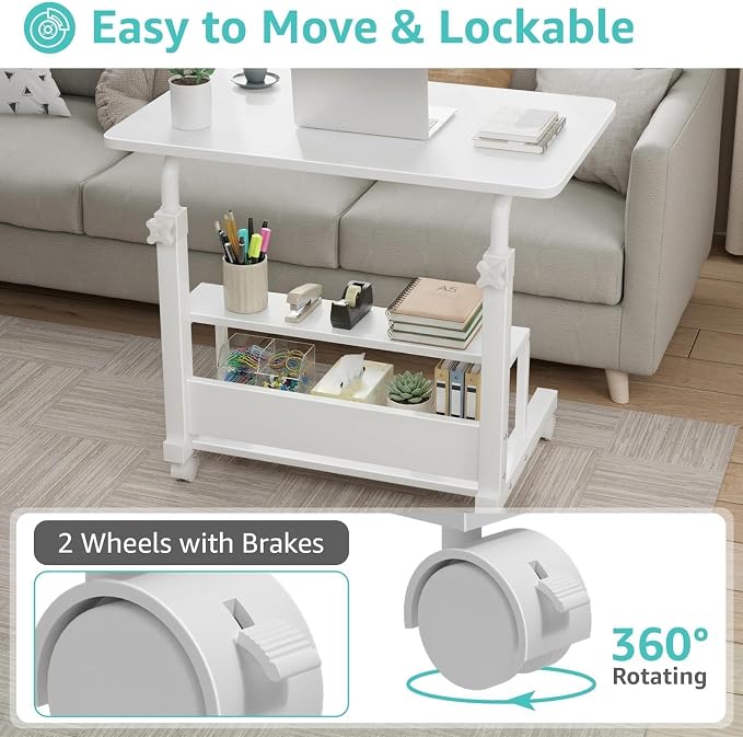WINAZ Small Portable Laptop Rolling Desk - 32" Mobile Kids Desk with Wheels for Small Spaces, White，31.5" - Image 8
