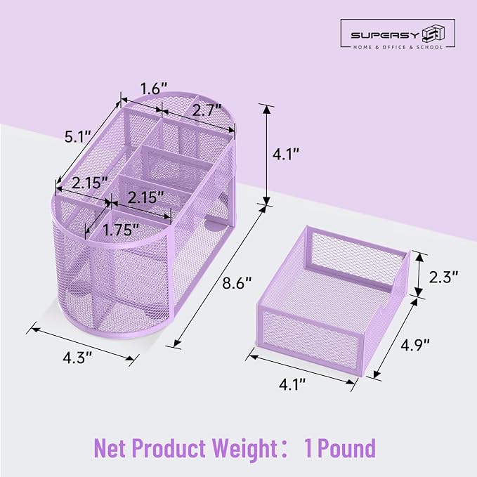 Mesh Desk Organizer with Drawer, 9-Compartment Pen Holder for Desk, Purple | Pull-Out Drawer Stores Pens, Pencils, Clips, Notes, and Small Office or School Supplies in One Compact Desk Caddy - Image 7