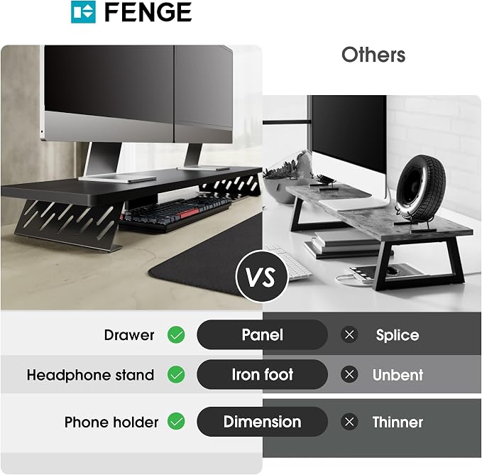 Fenge Dual Monitor Stand Riser, 42.5 Inch Desk Top Shelf for 2 Monitors, Computer Stands for Desk, Wood & Steel Desktop Riser for Laptop, PC, Printer - Image 3