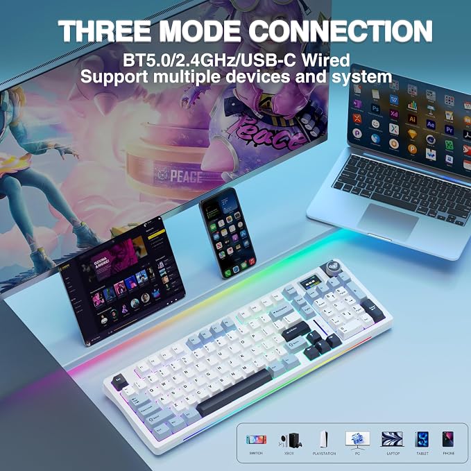 AULA S98 Pro Wireless Mechanical Keyboard,Smart Screen & Knob,Tri-Mode BT5.0/USB-C/2.4GHz Creamy Keyboard,Pre-lubed Linear Switches,Hot Swappable RGB Backlit Computer Gaming Keyboards - Image 4