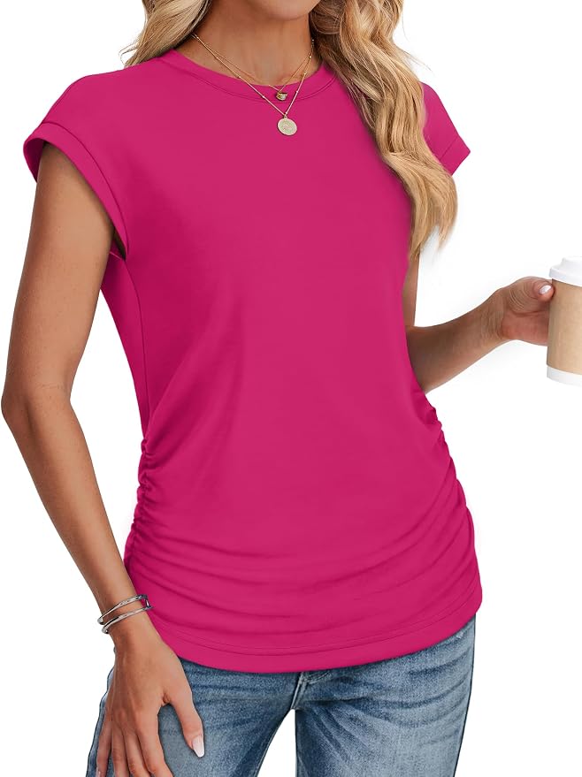 Sampeel Womens Summer Tops Trendy 2026 Ruched Cap Short Sleeve Tshirts Shirts Crew Neck T Shirts Fashion - Image 3