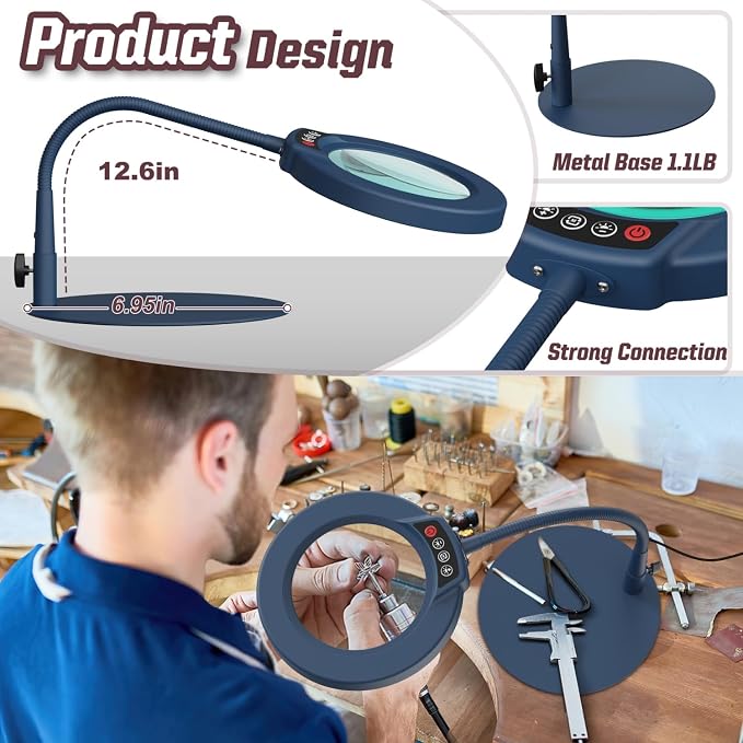 10X Magnifying Glass with Light and Stand, 5 Color Modes Stepless Dimmable LED Lighted Desk Lamp, Hands Free Flexible Gooseneck Magnifier with Light for Craft Hobby Painting Close Work - Blue - Image 4