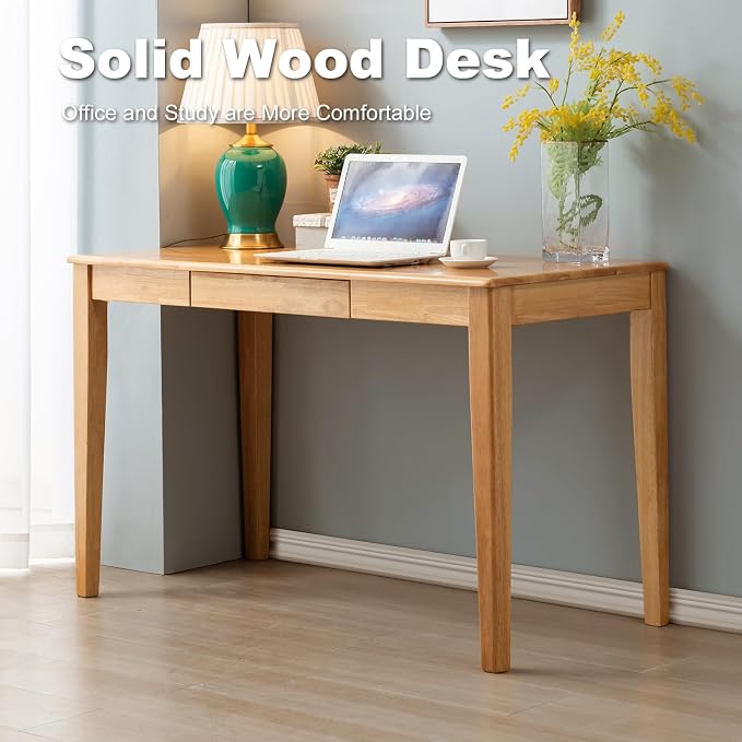 Solid Wood Desk with Drawer, Wooden Home Office Desk for Work, Student Computer Desk for Small Spaces, Gaming Study PC Desk for Bedroom, Easy to Assemble (Teak Color 39 inch) - Image 4
