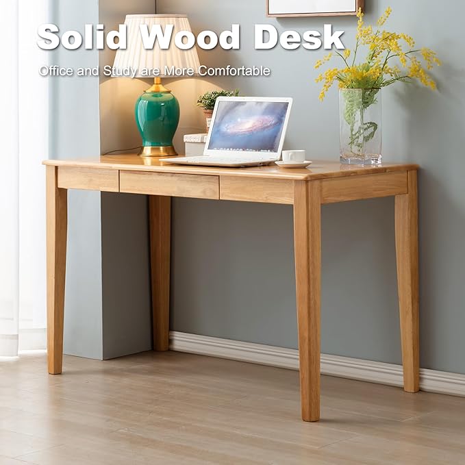 Solid Wood Desk with Drawer, Wooden Home Office Desk for Work, Student Computer Desk for Small Spaces, Gaming Study PC Desk for Bedroom, Easy to Assemble (Teak Color 47 inch) - Image 4