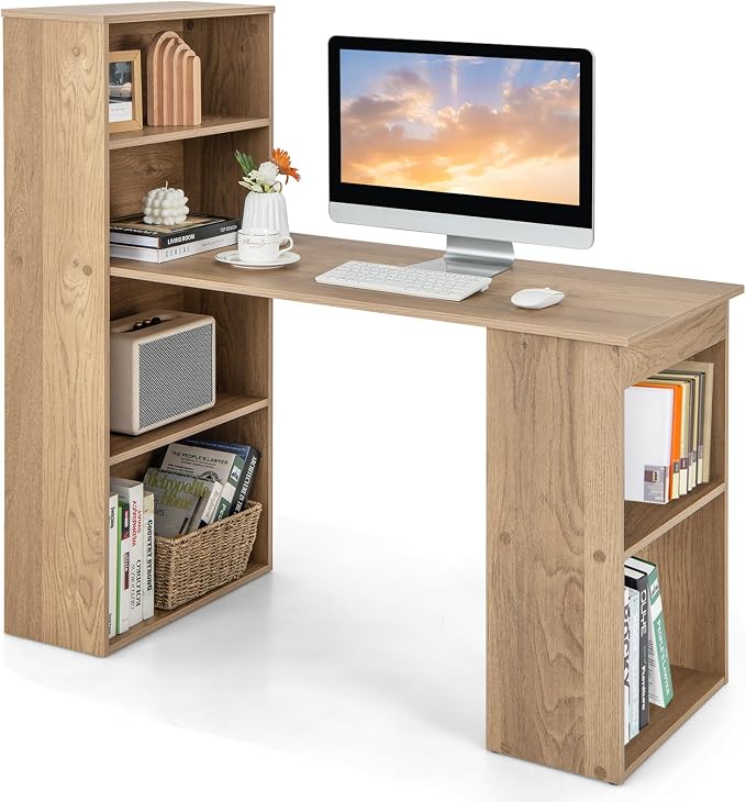 Giantex 48 Inch Computer Desk with Bookshelf, 3-in-1 Home Office Desk with 4-Tier Bookcase & CPU Stand, Space-Saving Reversible Writing Desk Work Table for Bedroom, Study Room, Office (Natural) by Giantex