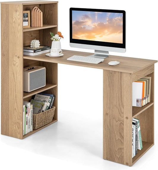 Giantex 48 Inch Computer Desk with Bookshelf, 3-in-1 Home Office Desk with 4-Tier Bookcase & CPU Stand, Space-Saving Reversible Writing Desk Work Table for Bedroom, Study Room, Office (Natural) by Giantex