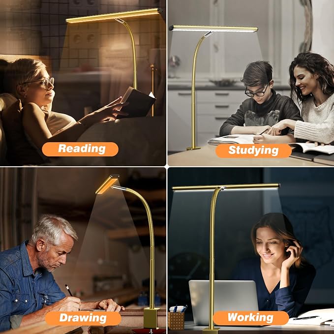 Airlonv LED Desk Lamp for Office Home, Eye-Caring Desk Light with Stepless Dimming Adjustable Flexible Gooseneck, 10W USB Adapter Desk Lamp with Clamp for Reading, Study, Workbench (Gold) - Image 5