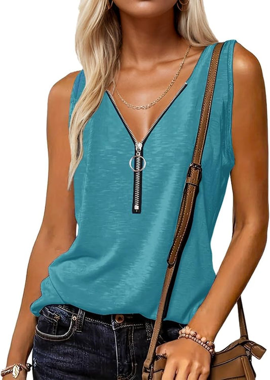 Halife Womens Half Zip V Neck Tank Tops Summer Sleeveless Shirts Casual Loose Top Blouses T Shirts by Halife