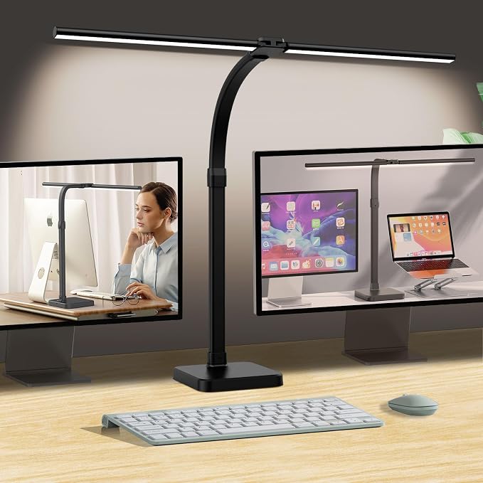 AKRRYR LED Desk Lamp for Home Office, Double Head 24W with Base, Architect Light 5 Lighting Brightness Flexible Gooseneck Table Reading Study, Black by AKRRYR